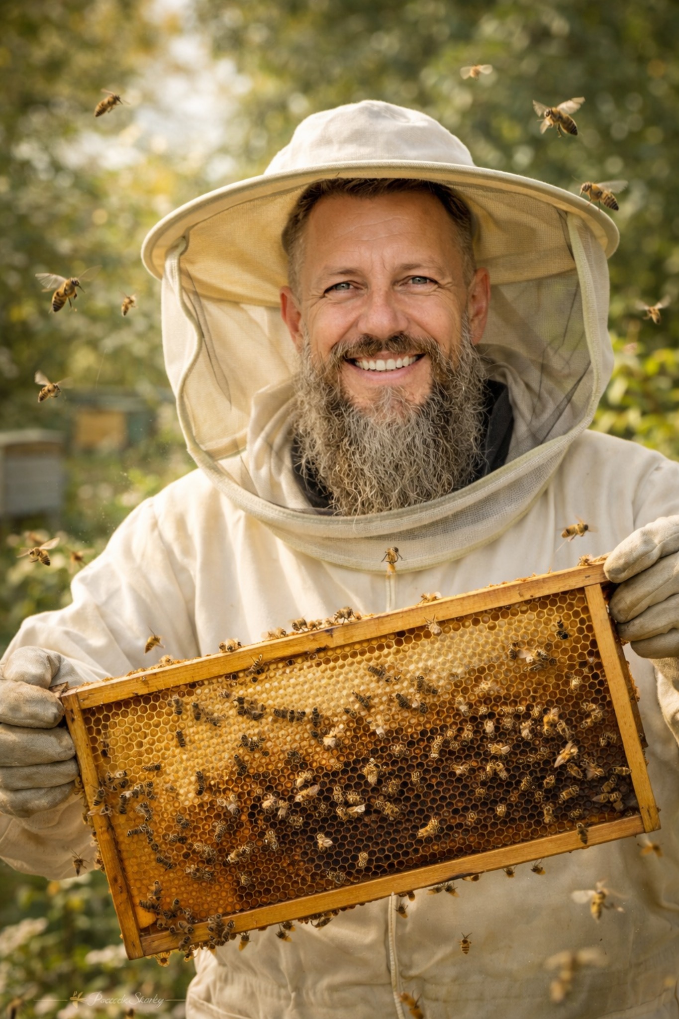 Pszczelarz w pasiece